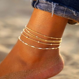 Ankle Bracelets Gold Anklets for Women Layered Beads Anklets for Women Chain Ankle Bracelet for Summer Holiday Adjustable Beach Foot Jewelry