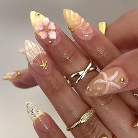 Jremg Flower Press on Nails Medium Almond Fake Nails with Gold Bead Rhinestones Glossy 3D Shell Starfish Stick on Nails Reusable Yellow Gradient French Tip False Nails for Women 24Pcs