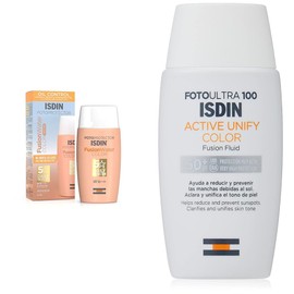 ISDIN Fotoprotector Fusion Water COLOR SPF 50, Protector Solar Facial de fase acuosa con color para uso diario, Cobertura natural, 50ml + FotoUltra 100 Active Unify SPF 50+, 50 ml