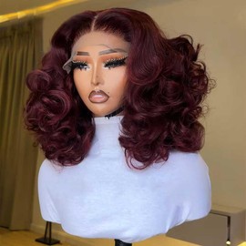 Youleas 250% Full Density 99J Burgundy Lace Front Wigs Human Hair 13x4 Short Bob Wigs Human Hair Glueless Wear and Go Loose Deep Wave Wig Pre Plucked Pre Bleached Red Wig Human Hair (16inches)