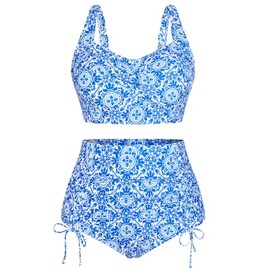 Hanna Nikole High Waisted Swimsuit Plus Two Piece Swimwear for Pregnant Tankini Beachwear Tummy Control Swimwear White Blue 12 Plus