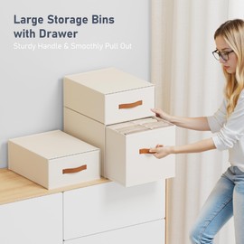 DIMJ Closet Organizers and Storage - Fabric Storage Bins with Drawers Stackable Closet Bins with Labels for Clothes, Sweaters, Bedding, Collapsible Storage Cubes for Bedroom, Living Room, Shelf