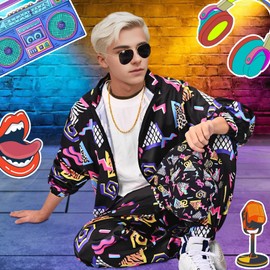 Antsparty Retro 80s 90s Outfit for Men, 80s Fancy Dress with Sportswear Jacket Pants Hat and Glasses, Vintage Beach Tracksuit for Themed Disco Party Costumes