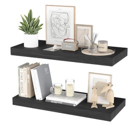 PopiShelves Floating Shelves for Wall- 17 Inch Natural Wood Black Shelves for Bathroom, Bedroom, Kitchen Decor, Farmhouse Decor Set of 2