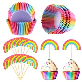qingmeng Paper Muffin Cases Pack of 100 Muffins Paper Cases 12 Pieces Rainbow Decorative Shape Cupcake Topper, Muffin Cases Paper for Children's Birthday Baby Shower Party Dessert Wedding