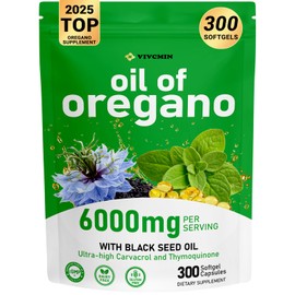 vivcmin Oregano Oil, 300 Softgels, 6000mg Oil of Oregano with Black Seed Oil for Immune & Digestive Support, aceite de Oregano with High Carvacrol & Thymoquinone, Non-GMO | 150 Days Supply