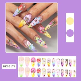 24Pcs Medium Press on Nails Almond Fake Nails with Gem Rhinestones Design French Tip Stick on Nails Reusable Leaf Flower False Nails Full Cover Spring Summer Glue on Nails for Women Manicure Supplies