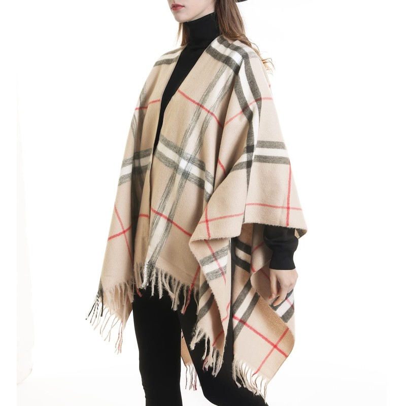 Danfiki Women's Cashmere Feeling Knitted Poncho Cape Cardigan, Double grid