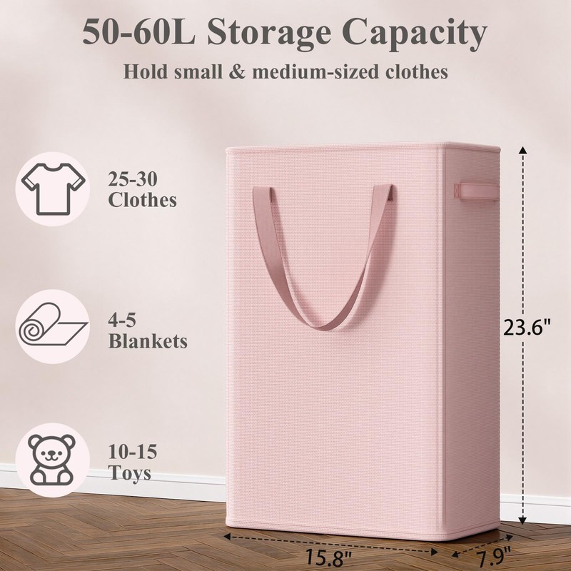 Optish 50L Pink Slim Laundry Hamper, Narrow Laundry Basket with