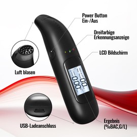 YUFFQOPC YUFFQOPC Alkoholtester, Alkoholtester Polizeigenau mit Digitaler Blauer LCD-Anzeige, mit USB-Akku Professioneller Alkoholmessger?t, Mouthpieces unn?tig, fr den Einsatz zu Hause oder auf Partys