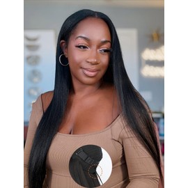 Domiso V Part Wigs Human Hair Yaki Straight Human Hair for Women Upgrade V Part Wigs with Invisi Drawstring No Sew in No Glue 180% Density Natural Color 16 Inch