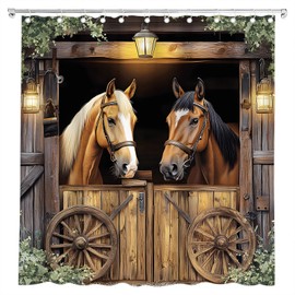 TQNNTQ Western Horse Barn Door Shower Curtain Farmhouse Cowboy Old Wild West Stable Wheel Green Leaves Rustic Wooden Board Bath Curtain Fabric Bathroom Accessories Decor with Hooks