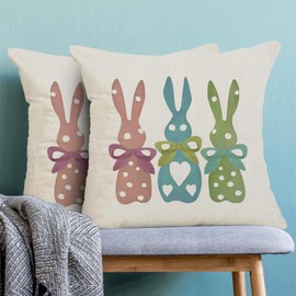 Easter Pillow Covers 18x18,Pink Blue Green Bunny Outdoor Decorative Throw Pillows for Couch, Polka Dot Rabbit Spring Decor Cushion Cover 2 Pcs Soft Farmhouse Linen Pillowcase for Bed Car Safa