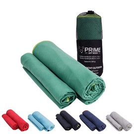 Prime Art Wood® Microfibre Hand Towels Set of 2 (70 x 140 cm and 40 x 80 cm) Quick-Dry, Extremely Absorbent, Ultralight Travel Towel Set with Bag - Ideal for Outdoor, Travel, Camping, green