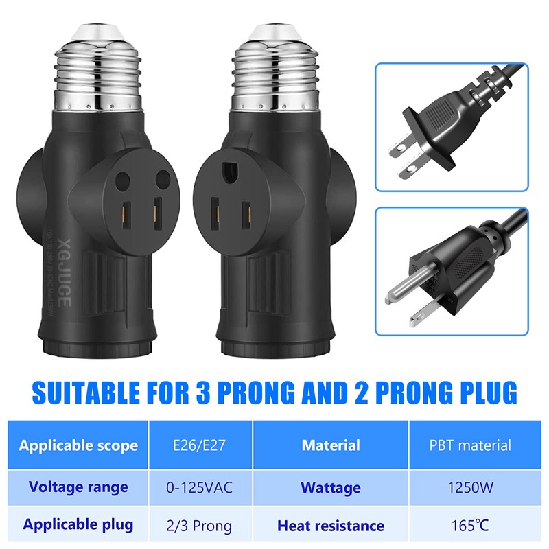 3 Prong Light Socket to Plug Adapter,E26 Outdoor Light with