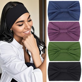 Kachanaa 4 Pack Wide Non-Slip Boho Women's Headband - Elastic Large African Turban Headwrap Ideal for Yoga, Workouts, Running - Non-Slip Design for Black Women