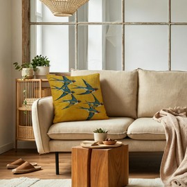 Japanese Swallow Bird Throw Pillow Cover 18x18, Japandi Home Decor, Traditional Oriental Mustard Yellow and Blue Bird Pillow Cover Decor for Couch Sofa Home Living Room Bedroom