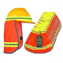EvridWear High Visibility Neck Sun Shield with Reflective Stripe, Safety Hard Hat Shade with Breathable Mesh Elastic Band for Construction, Outdoor Activities, Landscaping from UV (10 Pack, Orange)