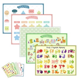 Disposable Placemats for Baby & Toddlers – Sticky Table Mats for Restaurants, Dining Table, Preschool & Parties – 5 Fun Designs Animal, Fruit, Alphabet, Star & Shape – 40-Pack, 12x16 Inches
