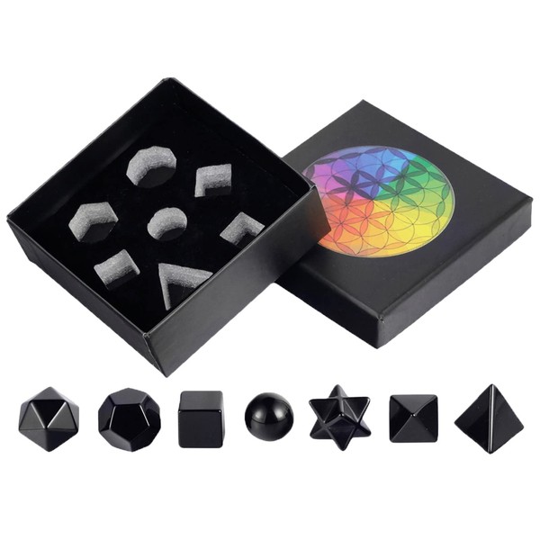 Nupuyai 7 Platonic Solids Obsidian Healing Crystal Set, Energy Reiki Chakra Stones Collection Kit Sacred Geometry Spiritual Decoration with Gift Box