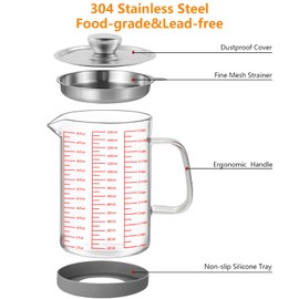 Luvan 1.5L/50oz Glass Bacon Grease Container with Strainer, Cooking Oil Storage Can with Fine Mesh Filter, Lid and Easy-Grip Handle, Fat Separator for Storing Fats, Frying Oil and Cooking Grease