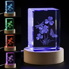 YouerCrystal 3D Crystal Four Leaf Clover Dragonfly & Butterfly Design - LED Illuminated Decorative Cube Lamp, Birthday Gifts for Kids Women, Christmas Gift