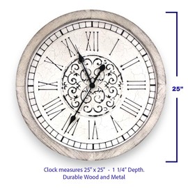 Large Decorative Vintage Worn Wall Clock - Big Farmhouse, Rustic, Coastal Decor - 25 inches for Living Room or Bedroom - Battery Operated