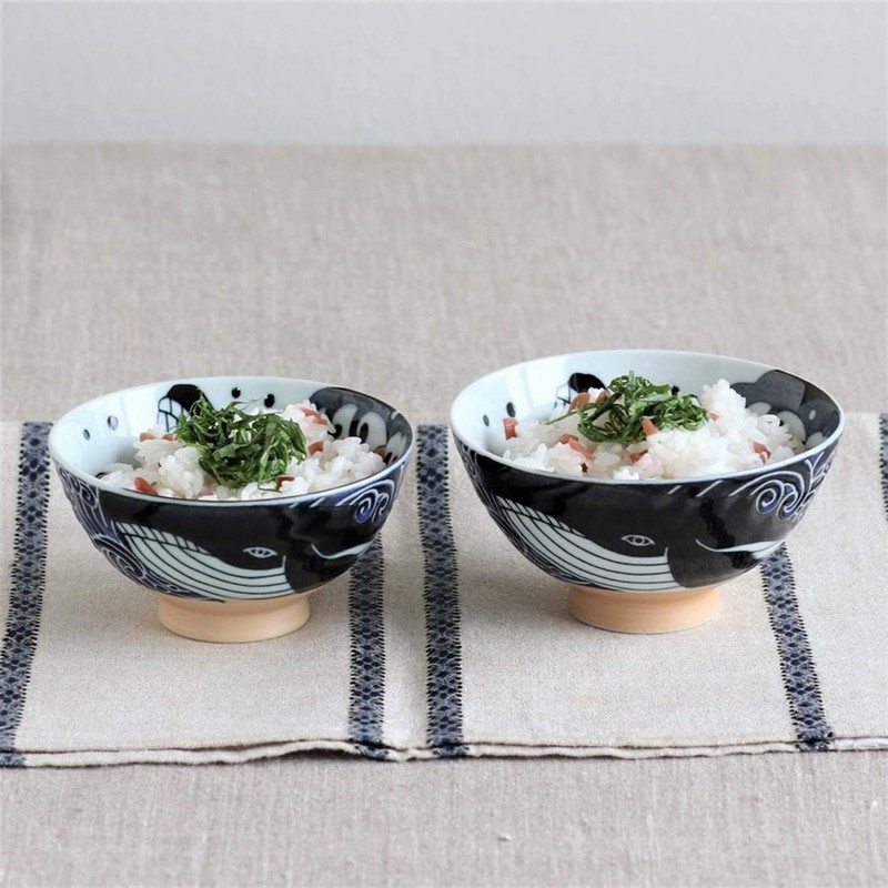 Minoru Touki White Wave Whale Blue Ceramic Rice Bowl Small