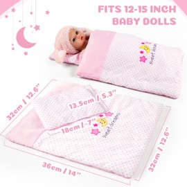 BABESIDE 2 Pcs Baby Doll Bedding Set for 12-15 Inch Dolls, Pink Polka Dot Baby Doll Blanket and Pillow Set with Cute Moon & Stars Pattern for Bitty Baby Doll Accessories
