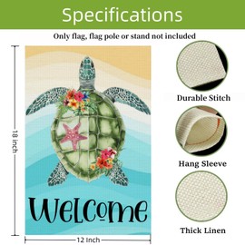 Welcome Sea Turtle Summer Beach Garden Flag, 12 x 18 Inch Burlap Double Side Printed, Summer Feeling Seasonal Farmhouse Lawn Yard Indoor Outdoor Decor Flag (B)