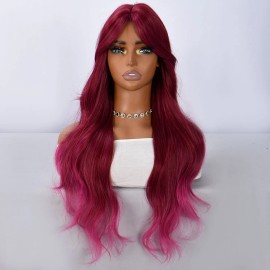 Smilco New Tiktok Selling Cute Red and pink 28-inch Synthetic Wig with Bangs Heat-resistant Synthetic Wave Party SM581color: Red, Stretched Length: 30 inches