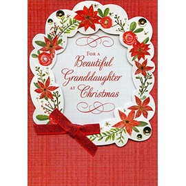 Designer Greetings White Die Cut 3D Frame, Poinsettias, Gold Sequins and Red Bow Handcrafted Premier Boutique Keepsake Granddaughter Christmas Card