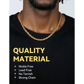 ChainsHouse Men Twisted Style Rope Chain 6mm Wide 18K Gold Plated Stainless Steel Necklace, 28"