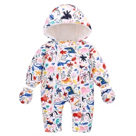 famuka Baby Boys Girls Snowsuit Romper Fleece Lined Outwear Winter Warm Outfit With Gloves (White, 18 Months)