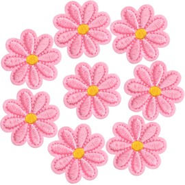 PAGOW 8 Pcs Flower Iron on Patches, Cute Daisy Flower Applique Patch, Sew On Embroidered Applique Sewing Patches for Bags, Jackets, Jeans, Clothes, 1.57x1.57inch (W*H), Pink