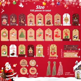 Simpeak 150Pcs Gift Tags Christmas, Kraft Gift Tags with String, Christmas Trees Reindeer Snowman Gingerbread Man Design Gift Tags for Christmas DIY Gift Wrapping Decorations