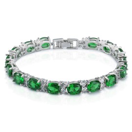 Deyanse Women's Tennis Bracelet, 18 K White Gold Plated Tennis Bracelet with Oval and Round Cubic Zirconia Birthstone, 18.5 cm Bracelet in 4 Colours, Ruby Red/Emerald Green/Sapphire Blue/Aquamarine