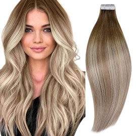RUNATURE Tape-In Extensions Real Hair Balayage Blonde Ombre Dark Brown with Ash Brown and Medium Blonde Invisible Tape Extensions Remy Real Hair Blonde Balayage 50 cm 20 Inches 50 g 20 Pieces #3/8/22
