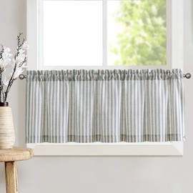 TOPICK Blue Striped Linen Blend Kitchen Curtains Valance for Living Room Bathroom Cupboard Bedroom 16 Inch Drop Pinstripe Cafe Curtains Light Filtering Small Window Drapes Rod Pocket 1 Panel