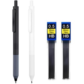 2 PZS Portaminas 0.5 mm, HB #2, Equipado con 24 Piezas Minas de Lápiz HB, Agarre Silicona para Mayor Comodidad y Control, Paquete de 2 (Blanco y Negro)