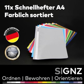 SIGNZ File Folder DIN A4, Sturdy, Pack of 11, 11 Colours, Transparent Cover, CO2 Neutral, Made from Recyclable Plastic (PP), FSC Mix 70%, Made in Germany