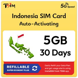 Indonesia SIM Card | 5GB Super Economy Refill Plan! Automatic Activation with 30 Days Validity | 5G/4G Speed | Hotspot Allowed | Data Only, No Phone Number