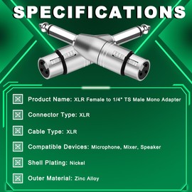 MKBKLLJY 3PCS XLR Female to 1/4" TS Mono Adapter Unbalanced 3 Pin XLR to Quarter Inch 6.35mm Male Plug Adapters Audio Connector Metal Shell with Cable Tie, for Guitars Electric Piano Amplifier