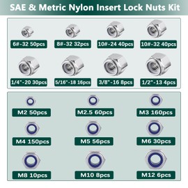 750PCS SAE & Metric Nylon Insert Lock Nuts Kit, 304 Stainless Steel Standard Thread Nylock Nuts for Bolt, 6#32 8#32 10#24 10#32 1/4"-20 5/16"-18 3/8"-16 1/2"-13 M2 M2.5 M3 M4 M5 M6 M8 M10 M12