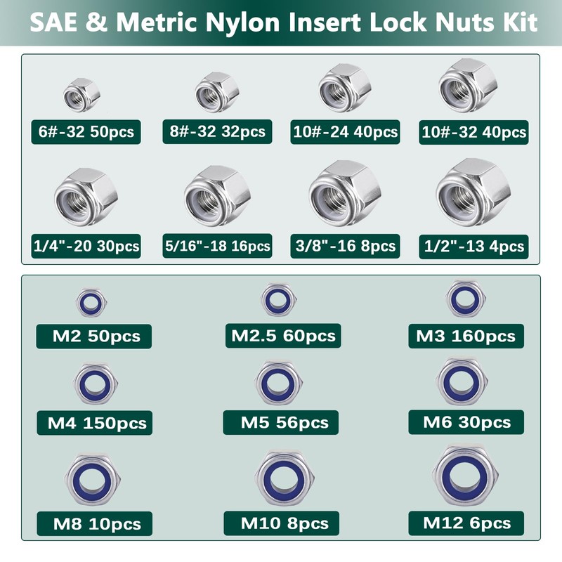 750PCS SAE & Metric Nylon Insert Lock Nuts Kit, 304