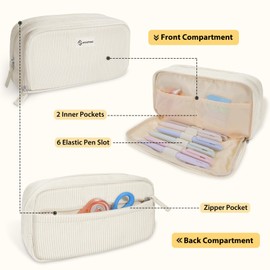 FINPAC Pencil Case, Double-Layer Corduroy Pencil Case with 3 Compartments, Large Capacity School Pencil Pouch, Portable Stationery Marker Pen Case, (Beige)
