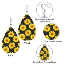 Zokola Bright Sunflowers Tear Drop Ear Rings For Women Dangling, Blossom Floral Sunflower Friends Fashion Faux Leather Earrings Earbob Earrings For Wedding Party Holiday