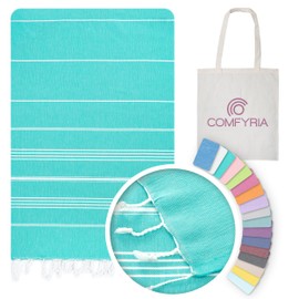 COMFYRIA Turkish Beach Towel with Tote Bag - Extra Large 39x71 Cotton Beach Towel - Sandfree, Quick Dry Lightweight Beach Blanket - Prewashed for Soft Feeling - Travel Essentials Clearance - Turquoise