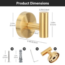 Segus Towel Hooks, Pack of 4 Gold Coat Hooks, Stainless Steel Coat Hooks for Towels, Bath Sponge, Clothes, Bathroom Accessories