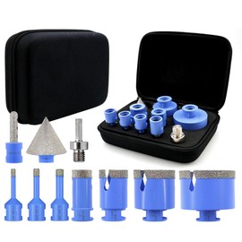 Diamond Tile Hole Saw Kit - 10Pcs 1/4'', 5/16'', 3/8'', 1'', 1-3/8'', 2'', 2-1/2'' Drill Bits, 3/8'' Finger Bit, 2'' Beveling Chamfer Bit, Adapter for Porcelain Tile Ceramic Granite Marble